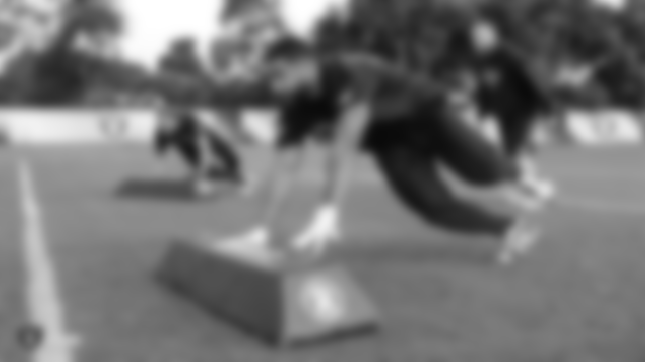 Raiders defensive end Alex Barrett (93) at a workout during phase two of the offseason program at the Raiders Practice Facility, in Alameda, Calif.