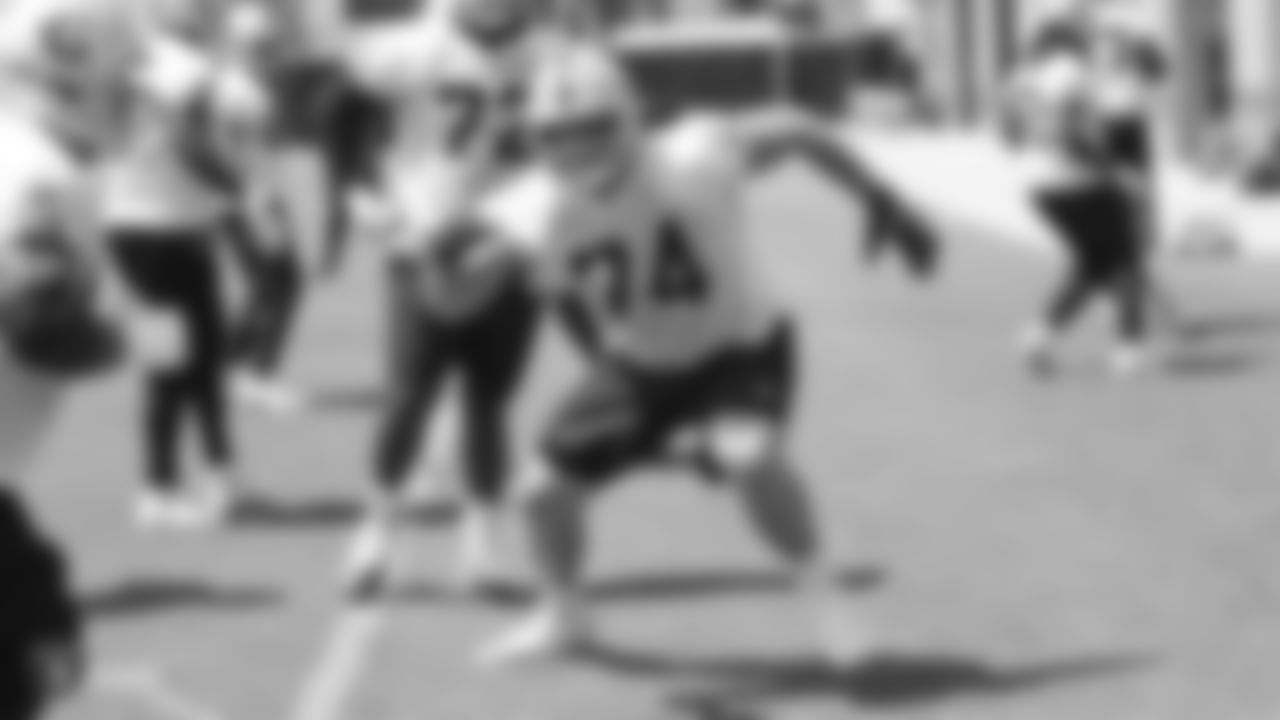 Raiders tackle Kolton Miller (74) at an Organized Team Activity (OTA) at the Raiders Practice Facility in Alameda, Calif.