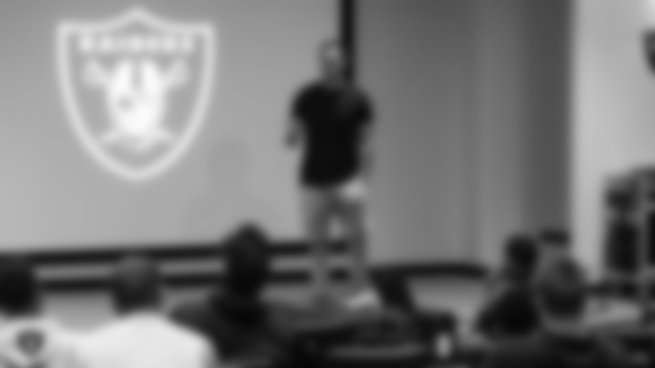 Raiders rookies listen to speaker Derek Carr, Raiders quarterback, as part of Rookie Academy, at the the Raiders Practice Facility in Alameda, Calif.