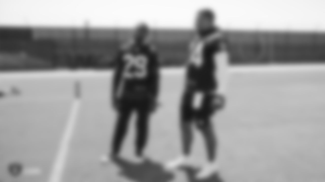 Raiders safety Lamarcus Joyner (29) and safety Johnathan Abram (24) at an Organized Team Activity (OTA) at the Raiders Practice Facility in Alameda, Calif.