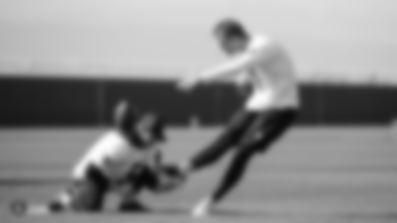 Raiders punter Johnny Townsend and kicker Daniel Carlson at a workout during phase two of the offseason program at the Raiders Practice Facility in Alameda, Calif.
