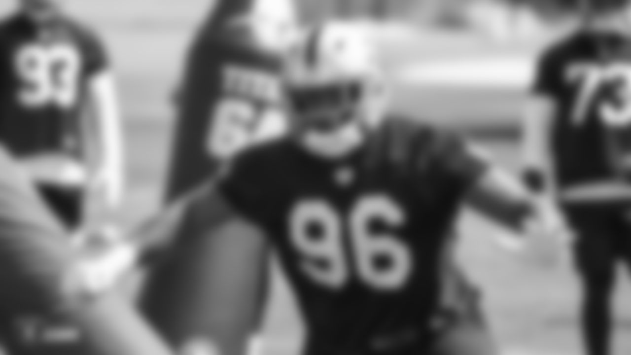 Raiders defensive end Clelin Ferrell (96) at an Organized Team Activity (OTA) at the Raiders Practice Facility in Alameda, Calif.