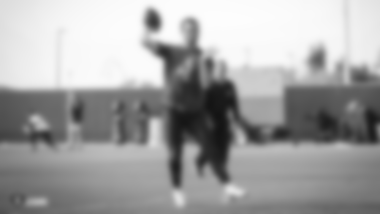 Raiders quarterback Derek Carr at a workout during phase two of the offseason program at the Raiders Practice Facility in Alameda, Calif.