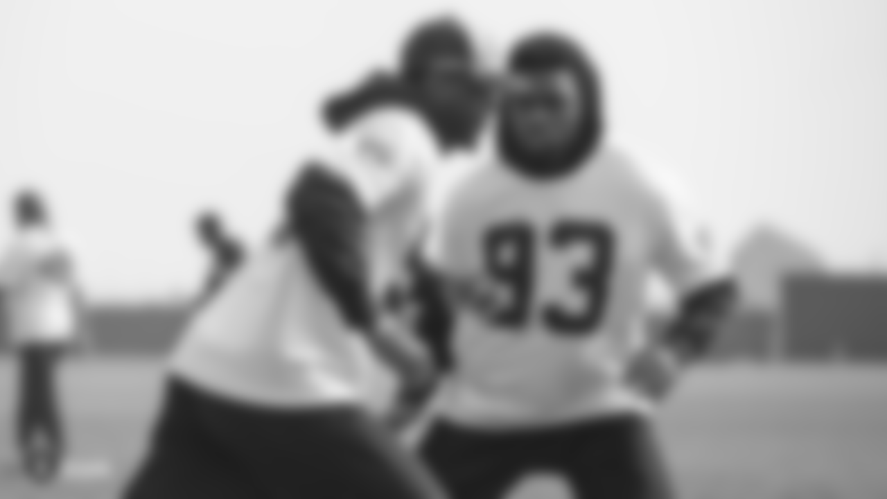 Oakland Raiders linebacker Shilique Calhoun (91) and defensive end Jacquies Smith (93) on the field for practice at the Oakland Raiders Practice Facility, Friday, November 9, 2018, in Alameda, California.