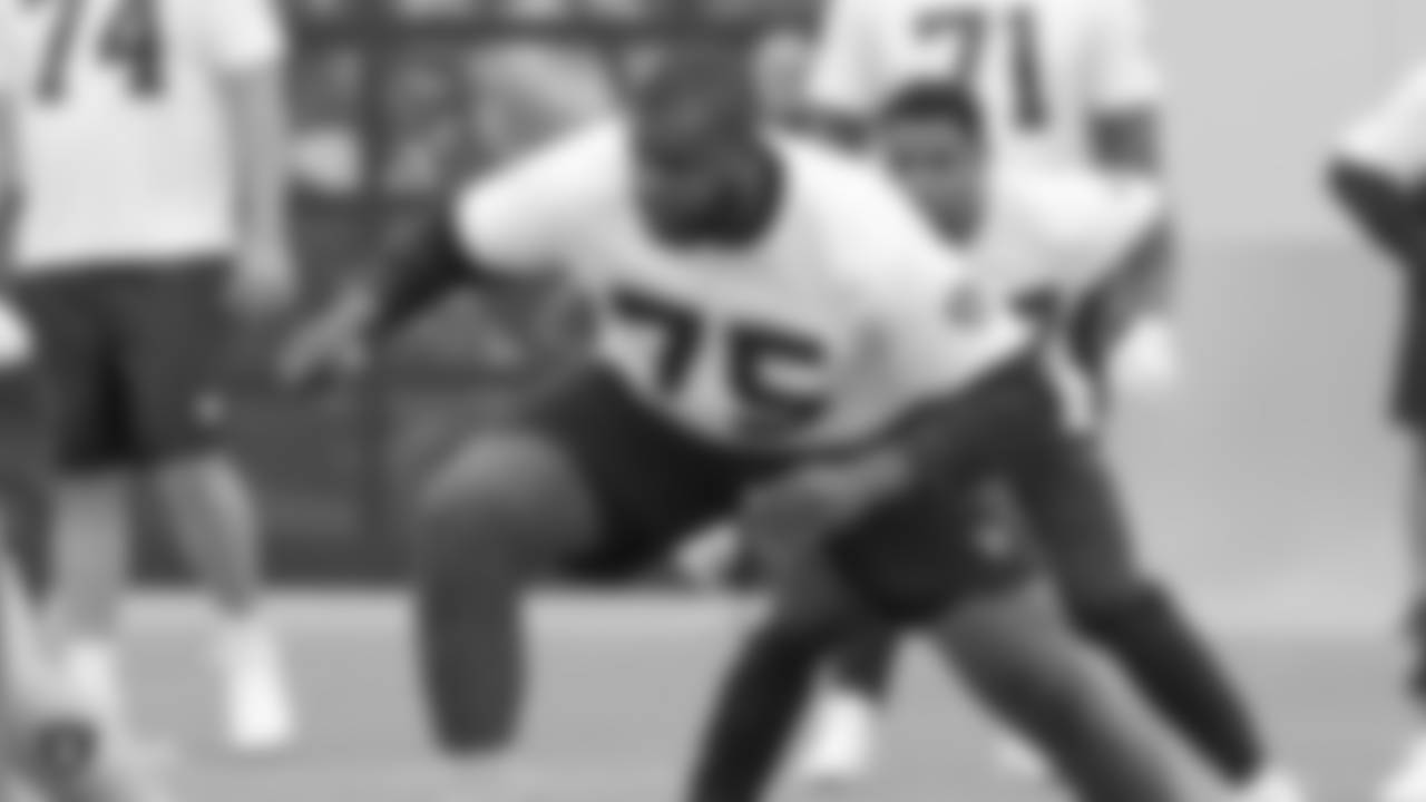 Raiders tackle Brandon Parker (75) at a workout during phase two of the offseason program at the Raiders Practice Facility in Alameda, Calif.