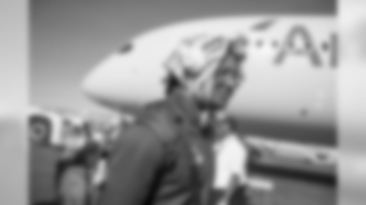 Safety (41) Marqui Christian of the Los Angeles Rams gets on the plane at LAX to fly to Atlanta for Super Bowl LIII, Sunday, January 27, 2019, in Los Angeles, CA. (Jeff Lewis/Rams)