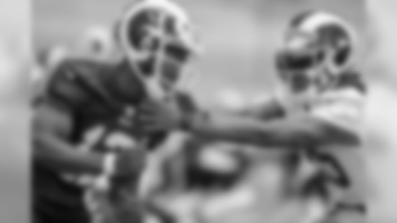 Wide receiver er (12) Brandon Cooks of the Los Angeles Rams is covered by (25) Kevin Peterson during OTA's, Monday, May 20 2019, in Thousand Oaks, CA. (Jeff Lewis/Rams)