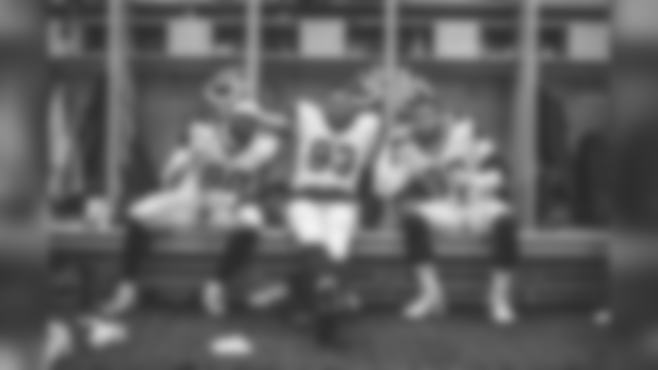 (90) Michael Brockers, (93) Ndamukong Suh, and (99) Aaron Donald of the Los Angeles Rams get dressed in the locker room before the Rams 6-15 loss to the Bears in an NFL regular season Week 14 football game, Sunday, December 9, 2018, in Chicago, IL. (Jeff Lewis/Rams)