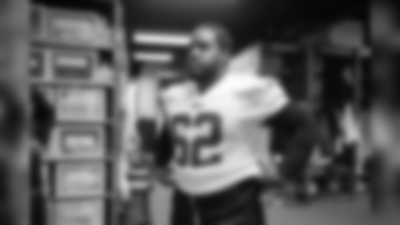Defensive tackle (62) Bryant Jones of the Los Angeles Rams arrives at Cal Lu to see his locker and try on his equipment, Monday, May 13, 2019, in Thousand Oaks, CA. (Jeff Lewis/Rams)