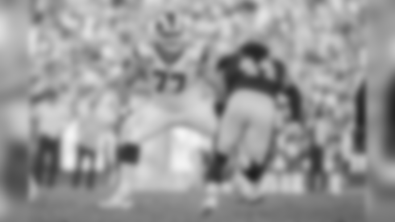 Tackle (77) Andrew Whitworth of the Los Angeles Rams against the New Orleans Saints during the Rams 26-20 victory over the Saints in an NFL Week 12 football game, Sunday, November 26, 2017, in Los Angeles, CA. (Jeff Lewis/Rams)