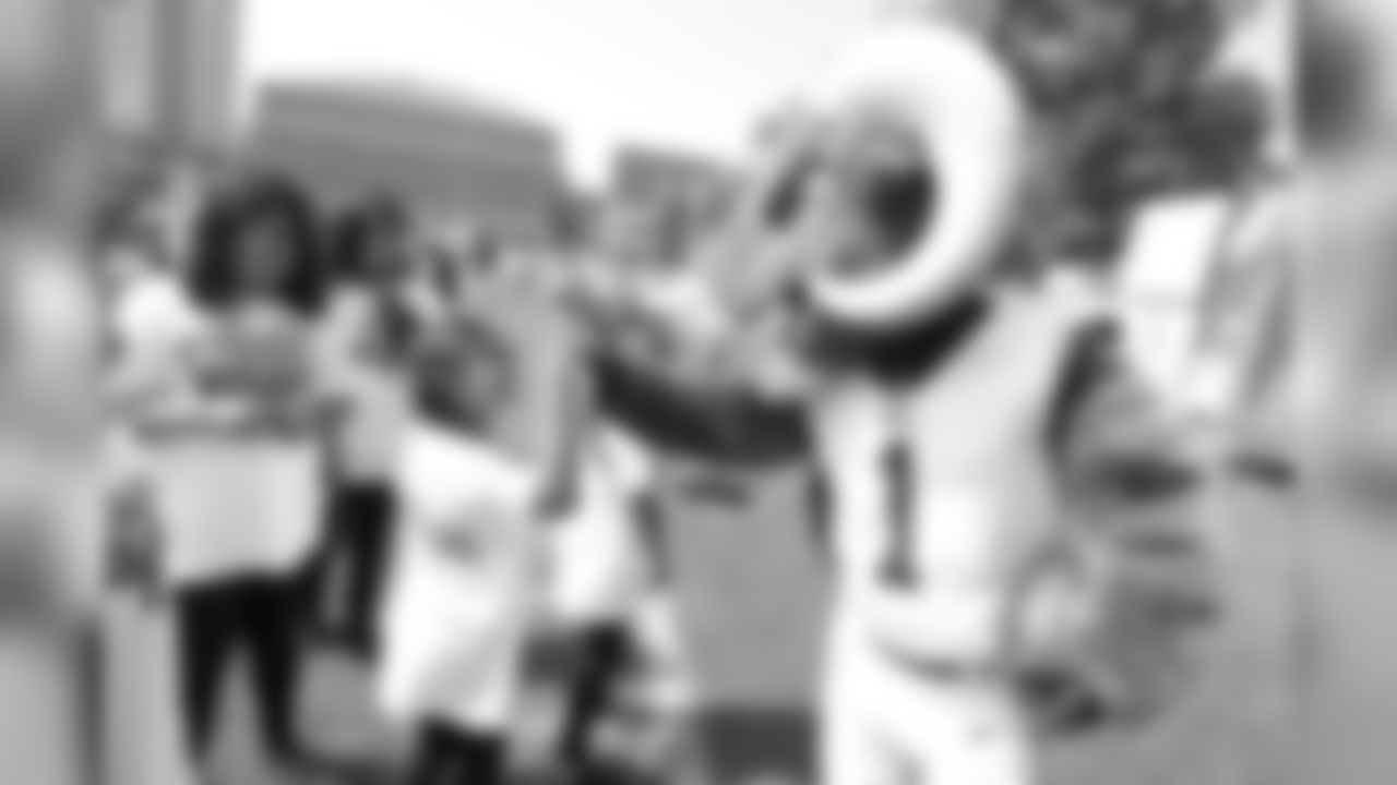 The Los Angeles Rams team mascot Rampage at the Rams and Los Angeles Chargers play 60 Character Camp, an NFL partnered national youth health and fitness campaign focused on increasing the wellness of young fans by encouraging them to be active for at least 60 minutes a day, at the University Of Southern California, in Los Angeles, CA, on April 26th, 2019. (Daniel Bowyer/Rams)