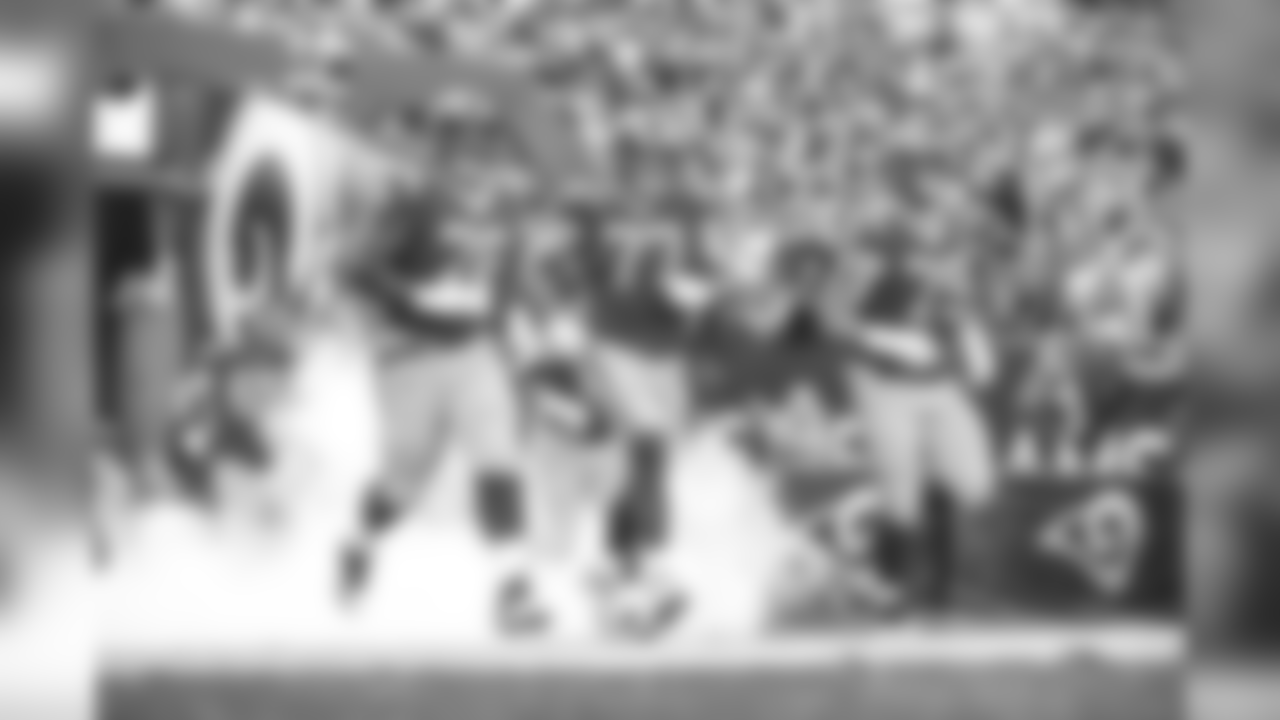 (76) Rodger Saffold, (77) Andrew Whitworth, (79) Rob Havenstein, (65) John Sullivan, and (66) Austin Blythe of the Los Angeles Rams are introduced before the Rams 38-31 victory over the Vikings in an NFL Week 4 Thursday Night Football game, Thursday, September 27, 2018, in Los Angeles, CA. (Jeff Lewis/Rams)