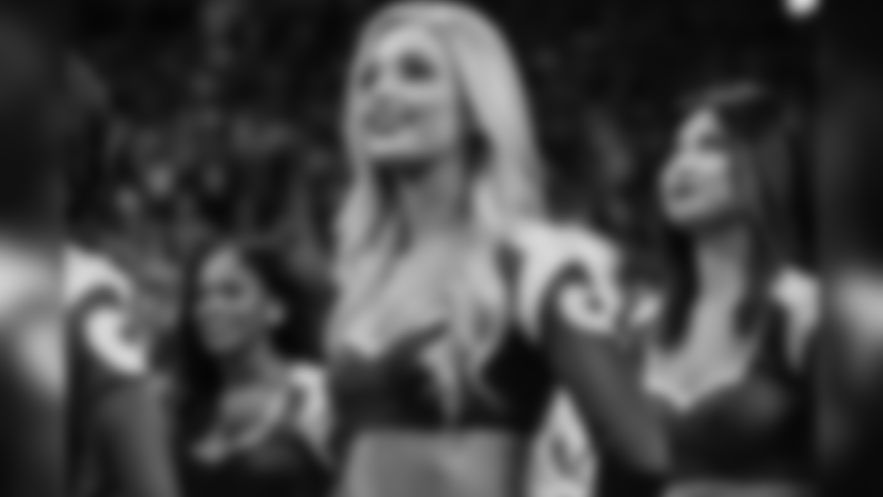 The Los Angeles Rams Cheerleaders participate during pre-game announcements as the Rams face off against the New England Patriots in Super Bowl LIII at Mercedes-Benz Stadium in Atlanta, GA. The Rams fall short of victory 13-03 in the championship round on Sunday, February 3, 2019. (Will Navarro/Rams)