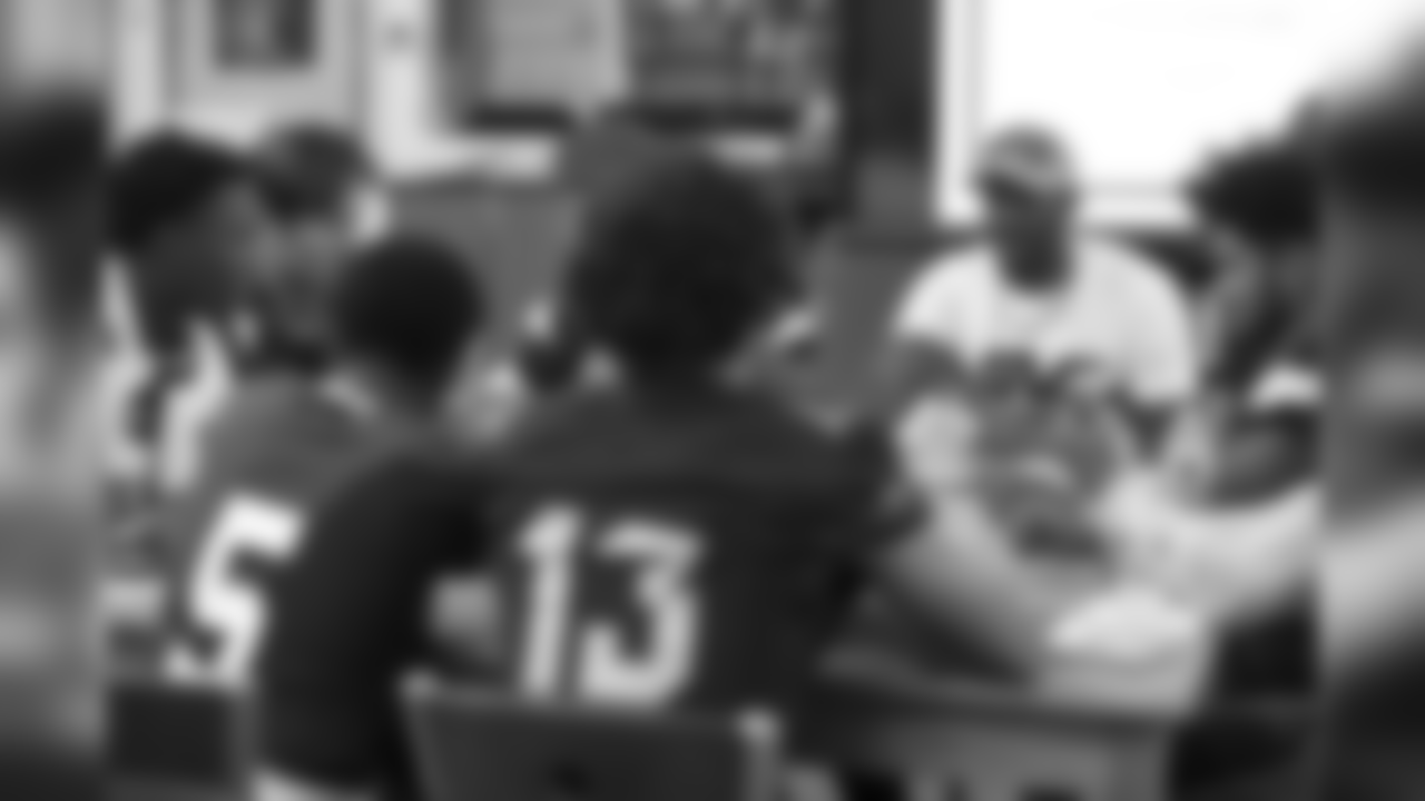 The Los Angeles Rams staff and current players Johnny Hekker, Aqib Talib, and Mark Barron with R.I.S.E staff hold a leadership session with aim to break socioeconomic barriers between two high schools (Morningside High School, And Oaks Christian School), with varying demographics. September 16, 2018, at Morningside High School, in Los Angeles, CA. (Daniel Bowyer/Rams)