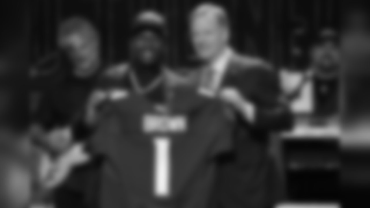Oklahoma wide receiver Marquise Brown poses with NFL Commissioner Roger Goodell after the Baltimore Ravens Brown selected in the first round at the NFL football draft, Thursday, April 25, 2019, in Nashville, Tenn. (AP Photo/Steve Helber)