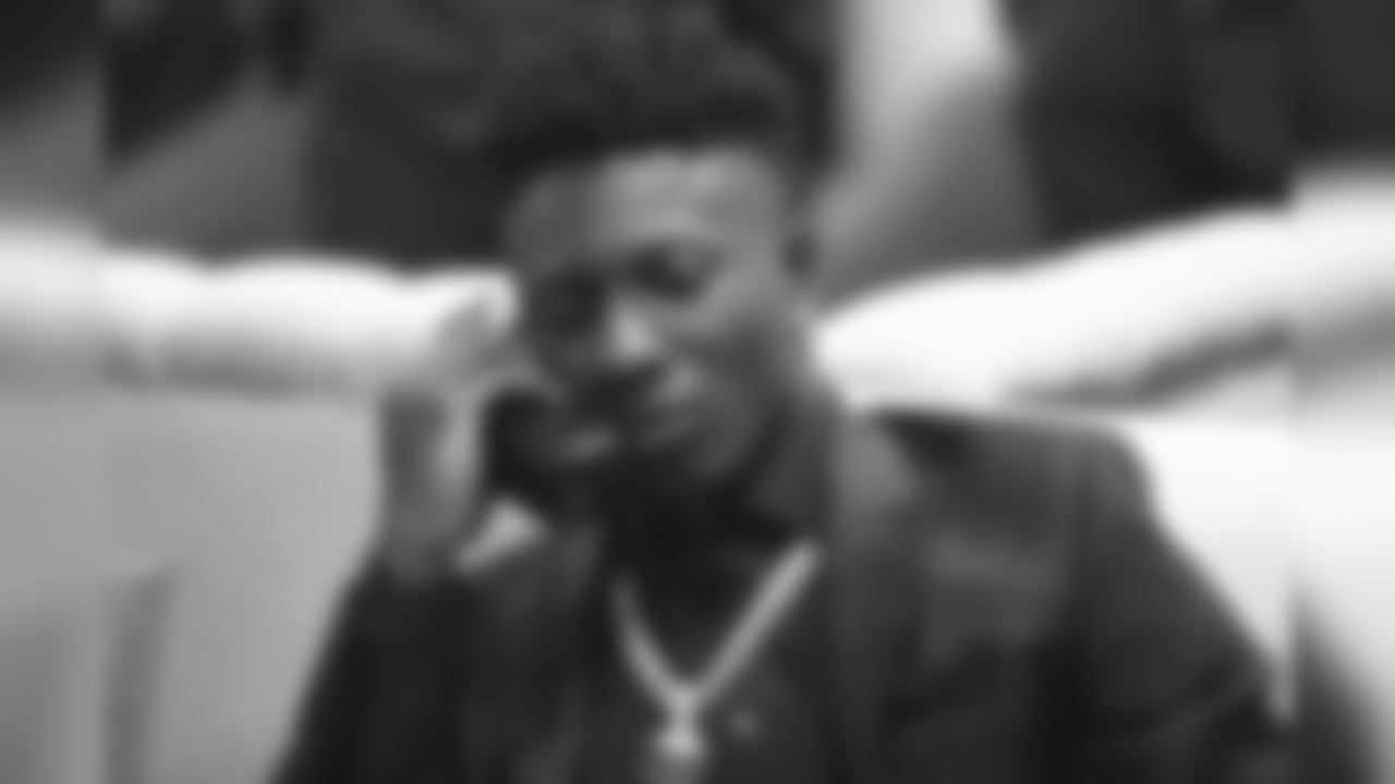 Oklahoma wide receiver Marquise Brown speaks on the phone backstage after being selected by the Baltimore Ravens during the 2019 NFL Draft on Thursday, April 25, 2019 in Nashville, Tenn. (Ben Liebenberg/NFL)