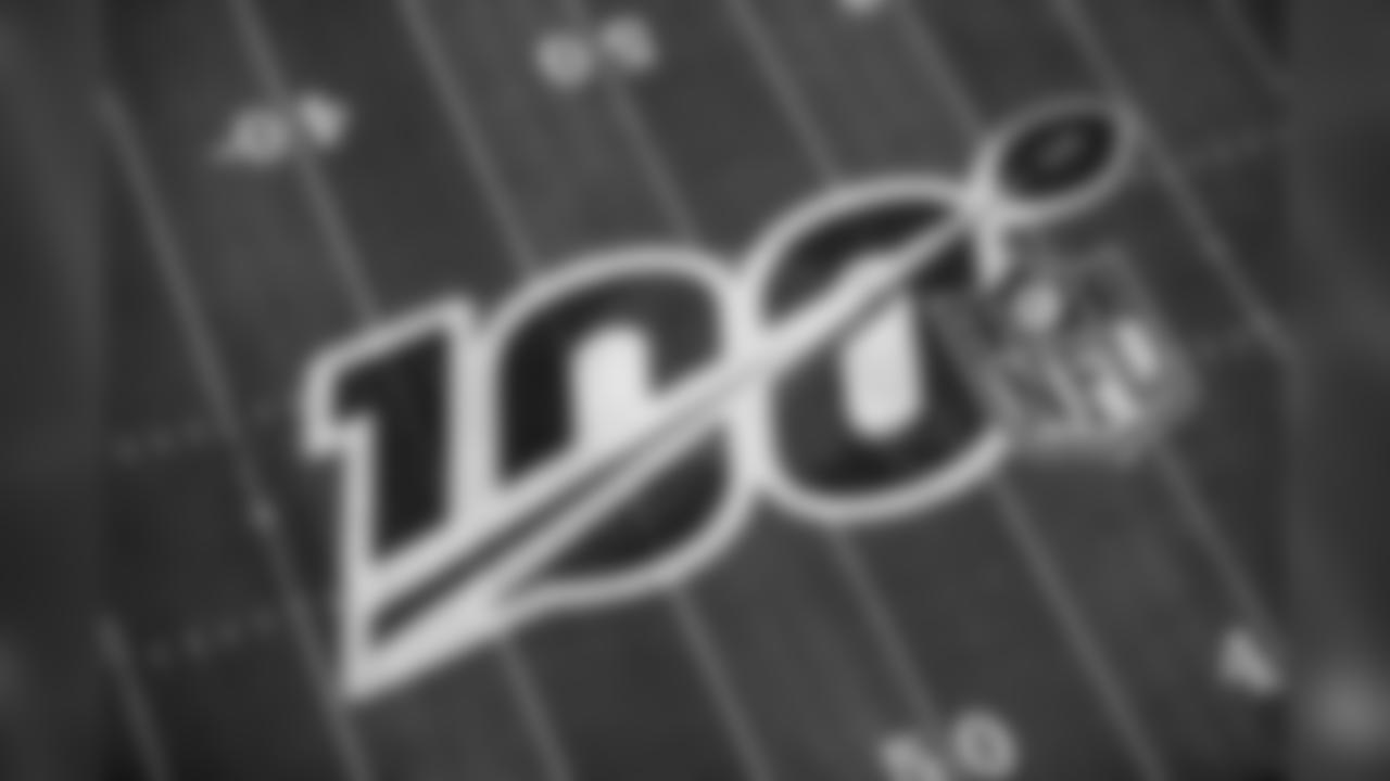 A general view of the NFL 100 logo and field during the 2019 Scouting Combine,Thursday, Feb. 28, 2019 at Lucas Oil Stadium in Indianapolis. (Hiro Ueno/NFL)