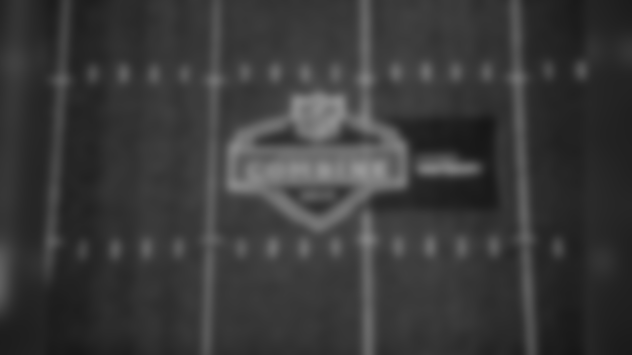A general view of the NFL 100 logo and field during the 2019 Scouting Combine,Thursday, Feb. 28, 2019 at Lucas Oil Stadium in Indianapolis. (Hiro Ueno/NFL)