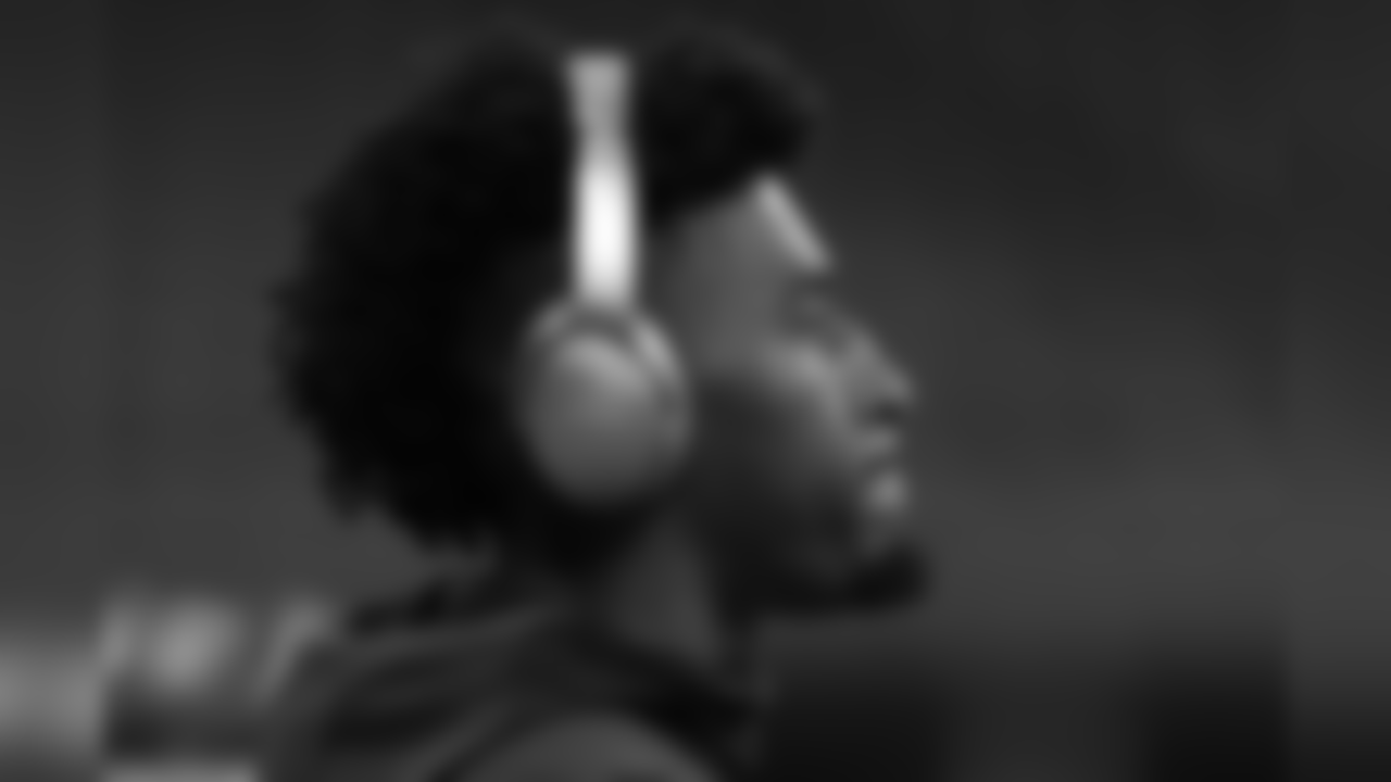 A detail view of Bose headphones worn by Rutgers defensive back Saquan Hampton during the NFL football scouting combine on Monday, March 4, 2019 in Indianapolis. (Aaron M. Sprecher via AP)