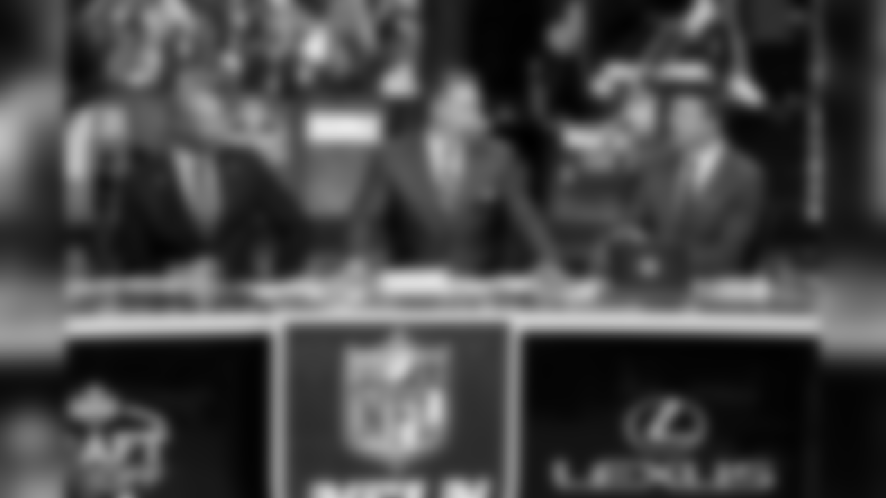 Stanford head coach David Shaw, NFL Network's Kurt Warner and NFL Network's Daniel Jeremiah during the 2019 NFL Draft on Thursday, April 25, 2019 in Nashville, Tenn. (Logan Bowles/NFL)