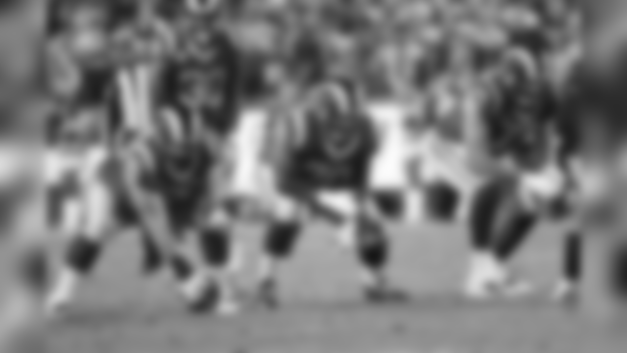 Los Angeles Rams center John Sullivan (65), guard Rodger Saffold (76) and tackle Andrew Whitworth (77) lines up during an NFL Week 15 game against the Philadelphia Eagles on Sunday, Dec. 16, 2018, in Los Angeles. The Eagles defeated the Rams 30-23. (Kevin Terrell via AP)