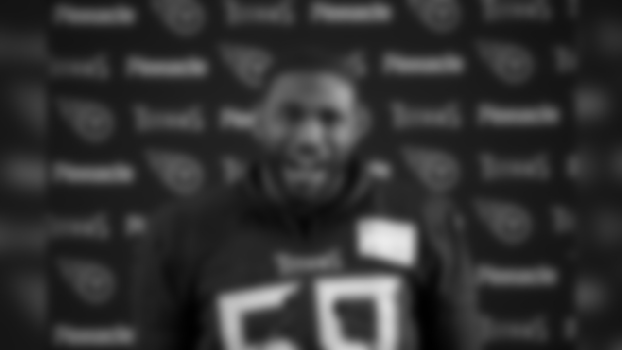 Tennessee Titans' linebacker Wesley Woodyard gives a press conference after an NFL training session at Syon House, in Syon Park, south west London, Friday, Oct. 19, 2018. The Tennessee Titans are preparing for an NFL regular season game against the Los Angeles Chargers in London on Sunday. (AP Photo/Matt Dunham)