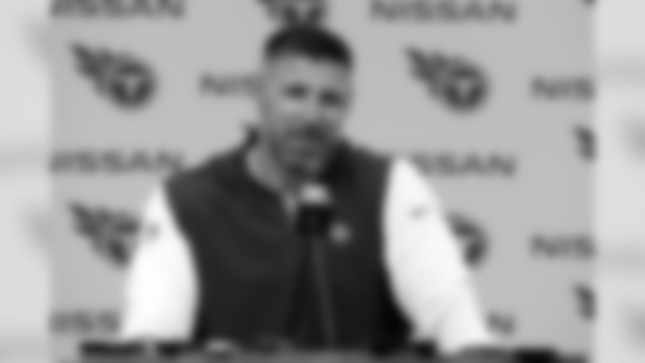 Tennessee Titans head coach Mike Vrabel answers questions after an NFL football game against the New England Patriots Sunday, Nov. 11, 2018, in Nashville, Tenn. The Titans won 34-10. (AP Photo/Mark Zaleski)