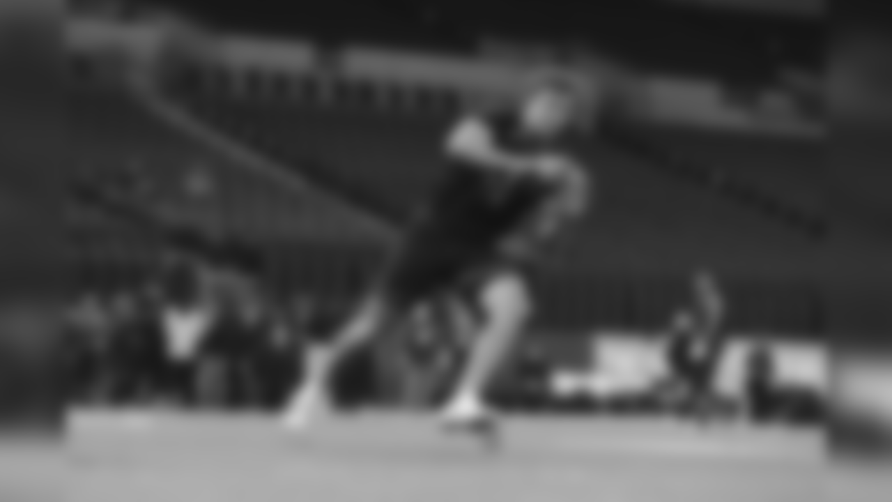Iowa tight end T.J. Hockenson runs a passing drill during the 2019 Scouting Combine in Indianapolis on Saturday, March. 2, 2019. (Perry Knotts via AP)