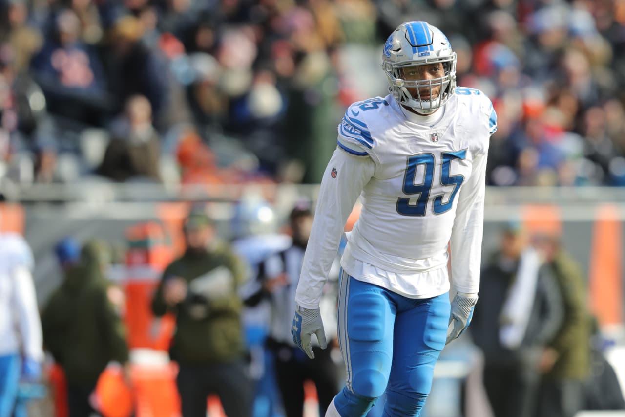 Detroit Lions defensive end Romeo Okwara (95) during a NFL football game against the Chicago Bears on Sunday, Nov. 11, 2018 in Chicago. (Detroit Lions via AP).