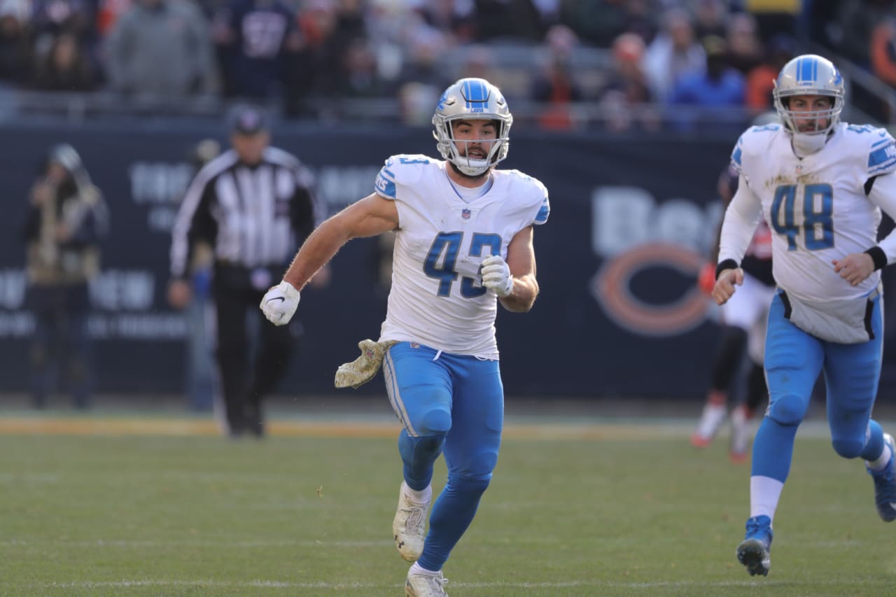 Detroit Lions fullback Nick Bellore (43) on special teams during a NFL football game against the Chicago Bears on Sunday, Nov. 11, 2018 in Chicago. (Detroit Lions via AP).