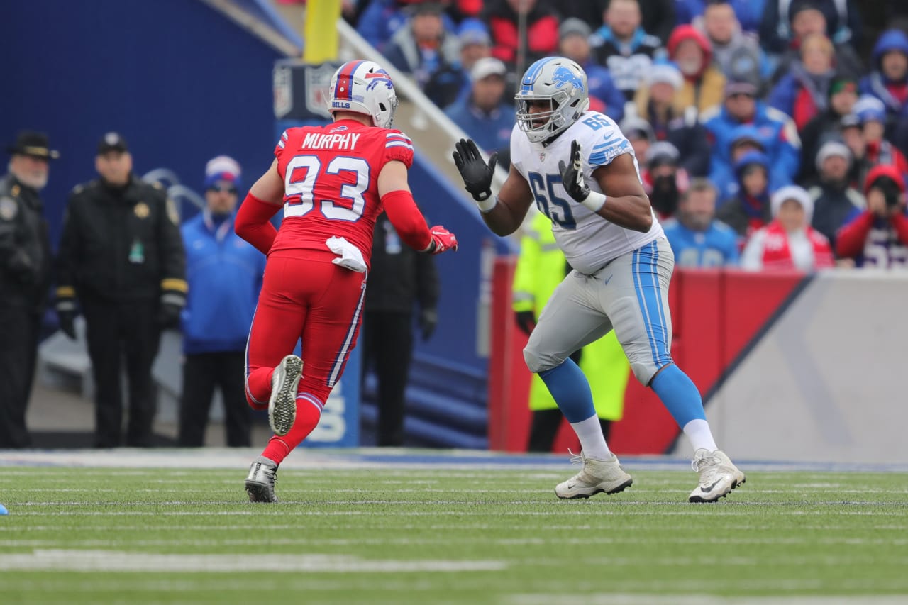 Detroit Lions offensive lineman Tyrell Crosby (65) during a NFL football game against the Buffalo Bills on Sunday, Dec. 16, 2018 in Orchard Park, N.Y. (Detroit Lions via AP).
