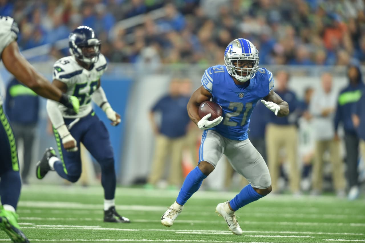 Detroit Lions running back Ameer Abdullah (21) during a NFL football game against the Seattle Seahawks on Sunday, Oct. 28, 2018 in Detroit. (Detroit Lions via AP).