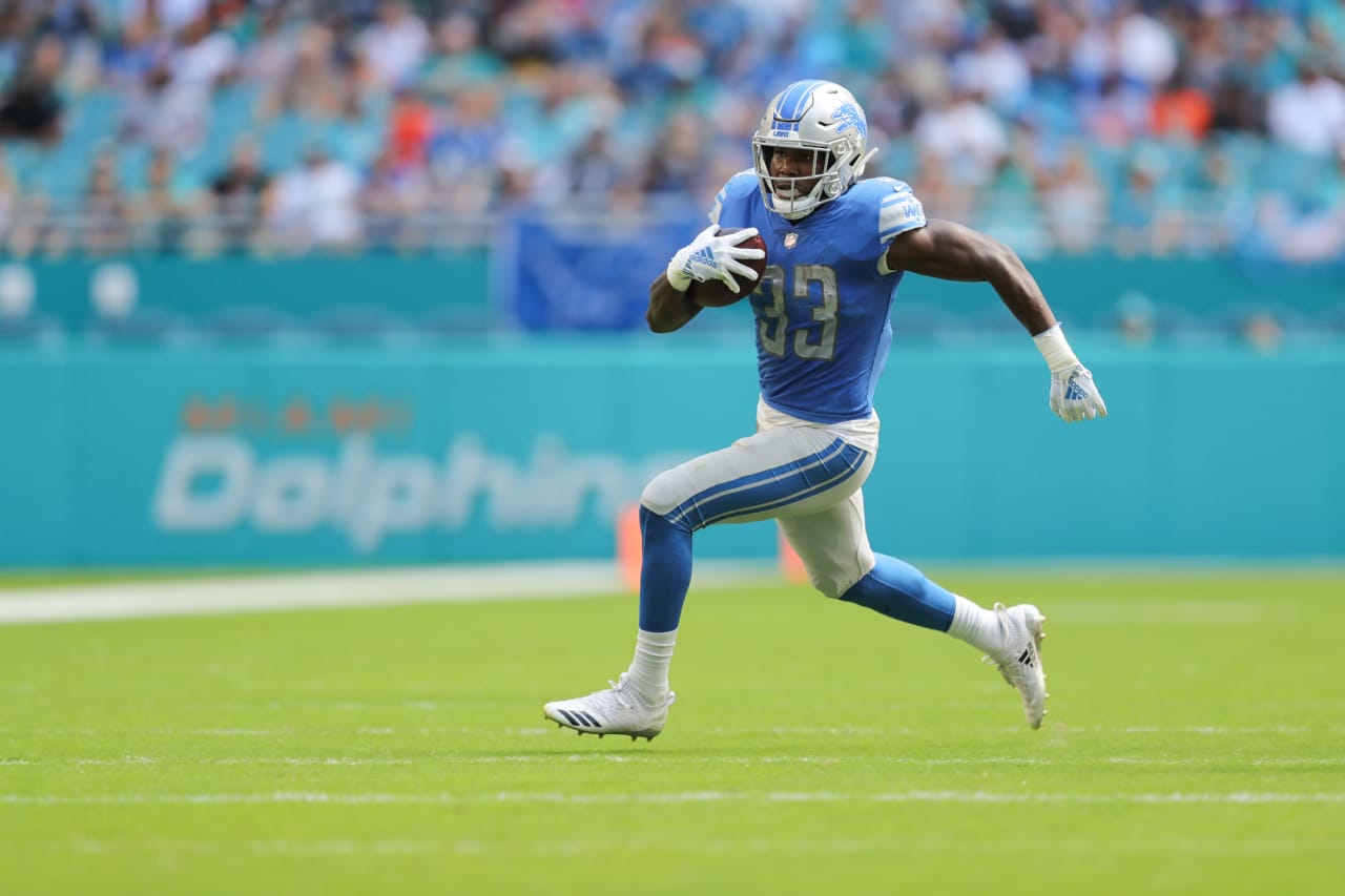 Detroit Lions running back Kerryon Johnson (33) during a NFL football game against the Miami Dolphins on Sunday, Oct. 21, 2018 in Miami Gardens, Fla. (Detroit Lions via AP).