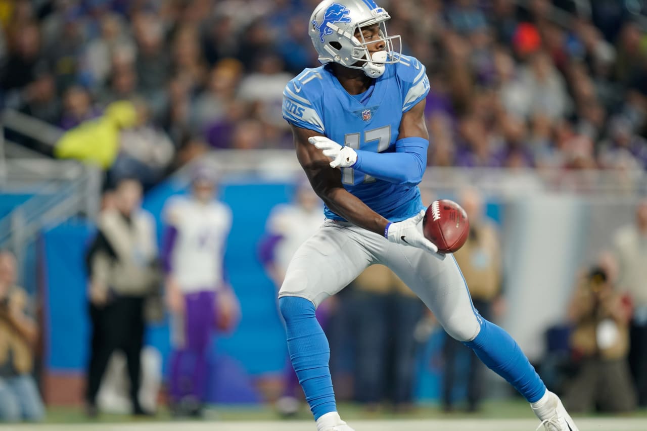 Detroit Lions wide receiver Andy Jones (17) downs a punt inside the 2-yard line during a NFL football game against the Minnesota Vikings on Sunday, Dec. 23, 2018 in Detroit. (Detroit Lions via AP).