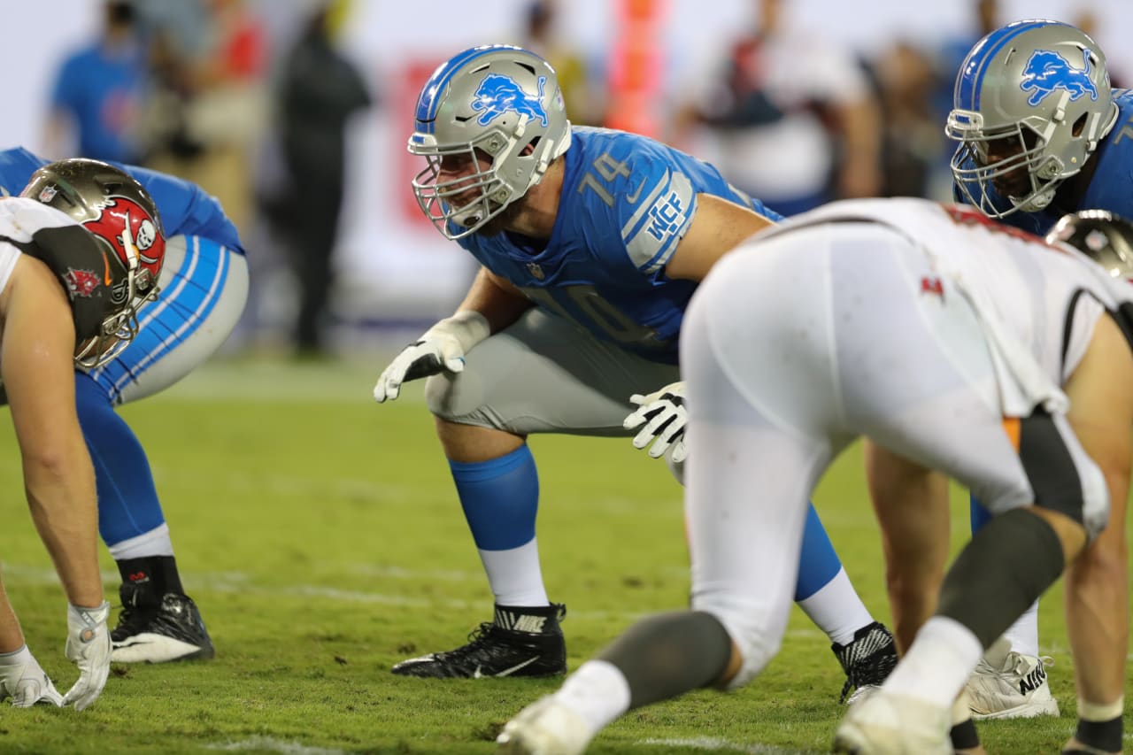 Detroit Lions offensive tackle Dan Skipper (74) during a NFL football game against the Tampa Bay Buccaneers on Friday, Aug. 24, 2018 in Tampa, Fla. (Detroit Lions via AP).