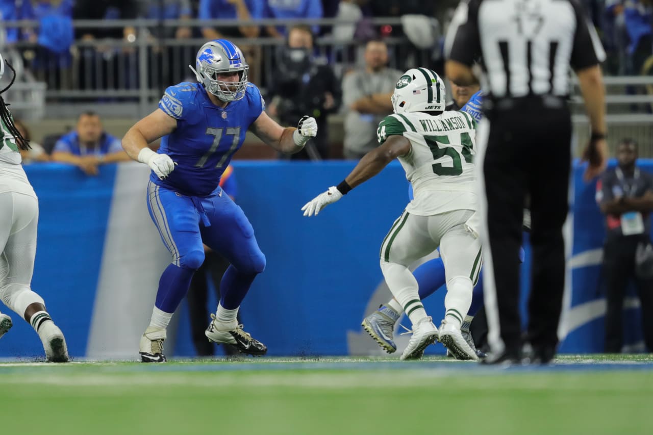 Detroit Lions offensive lineman Frank Ragnow (77) during a NFL football game against the New York Jets on Monday, Sept. 10, 2018 in Detroit. (Detroit Lions via AP).
