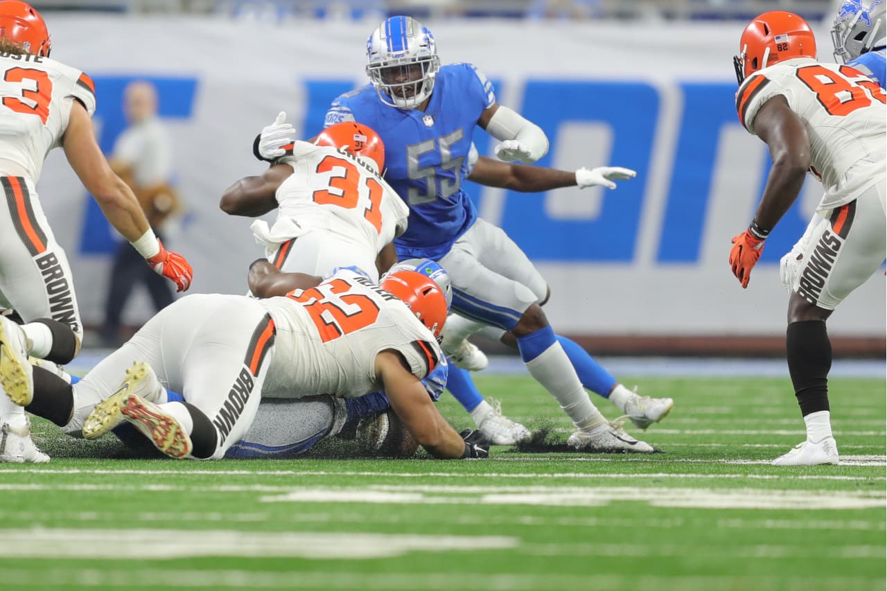 Detroit Lions linebacker Jonathan Freeny (55) during a NFL football game against the Cleveland Browns on Thursday, Aug. 30, 2018 in Detroit. (Detroit Lions via AP).