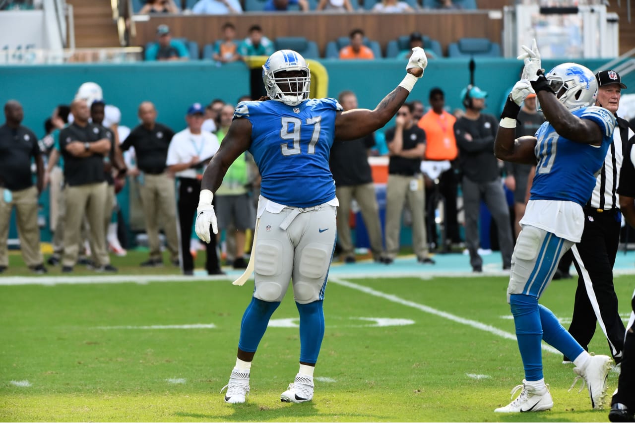 Detroit Lions defensive tackle Ricky Jean Francois (97) celebrates a sack during a NFL football game against the Miami Dolphins on Sunday, Oct. 21, 2018 in Miami Gardens, Fla. (Detroit Lions via AP).