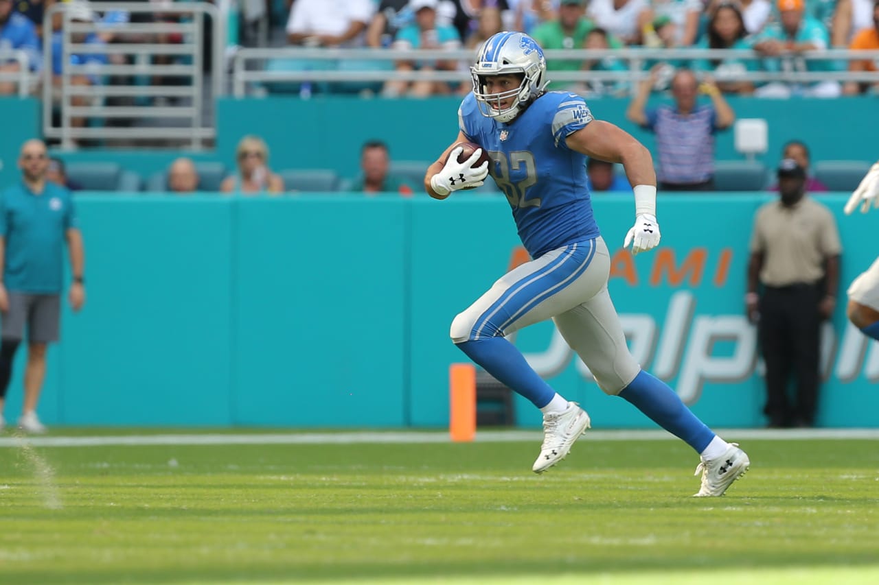 Detroit Lions tight end Luke Willson (82) during a NFL football game against the Miami Dolphins on Sunday, Oct. 21, 2018 in Miami Gardens, Fla. (Detroit Lions via AP).