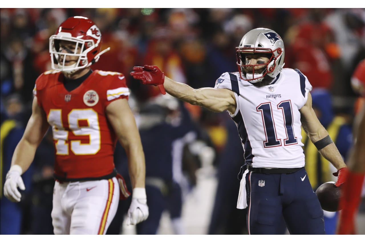 New England Patriots wide receiver Julian Edelman (11) reacts after making a catch for a first down during the first half of the AFC Championship NFL football game against the Kansas City Chiefs, Sunday, Jan. 20, 2019, in Kansas City, Mo. (AP Photo/Charlie Neibergall)