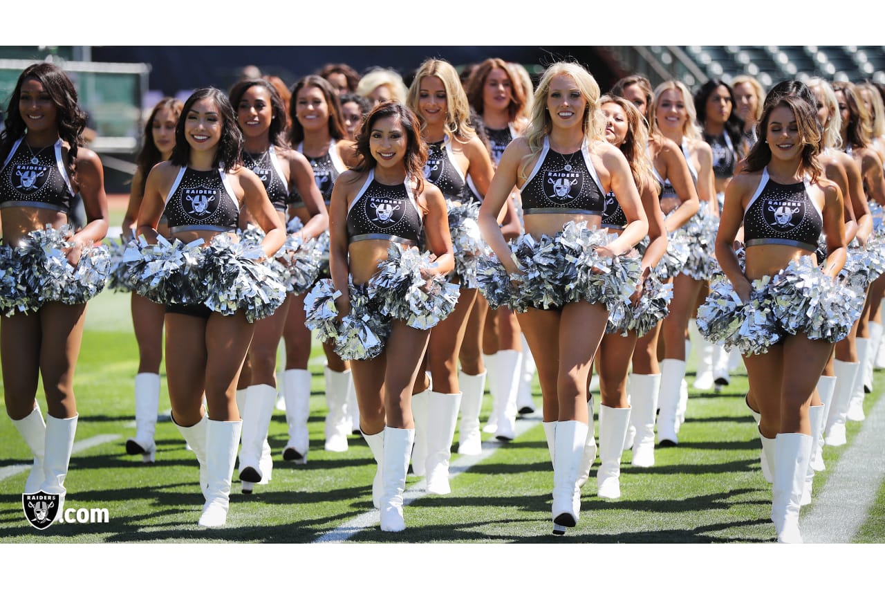 The Raiderettes warm up on the field before the Oakland Raiders game against the Los Angeles Rams at Oakland-Alameda County Coliseum, Monday, September 10, 2018, in Oakland, California. The Oakland Raiders lost 33-13.