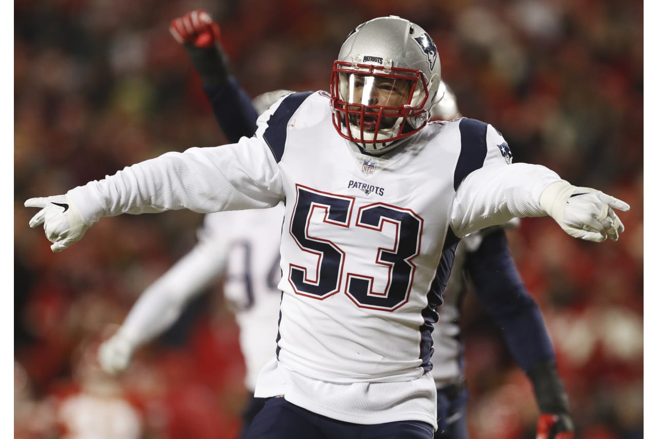 New England Patriots middle linebacker Kyle Van Noy (53) celebrates after sacking Kansas City Chiefs quarterback Patrick Mahomes during the first half of the AFC Championship NFL football game, Sunday, Jan. 20, 2019, in Kansas City, Mo. (AP Photo/Jeff Roberson)