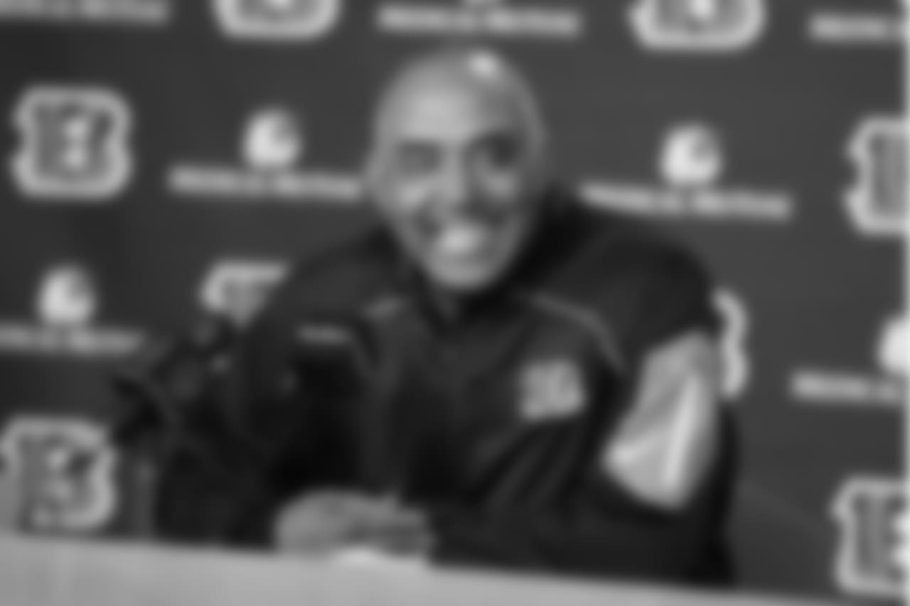 Cincinnati Bengals head coach Marvin Lewis speaks to the media after an NFL football game against the St. Louis Rams, Sunday, Nov. 29, 2015, in Cincinnati. The Bengals won 31-7. (AP Photo/Gary Landers)