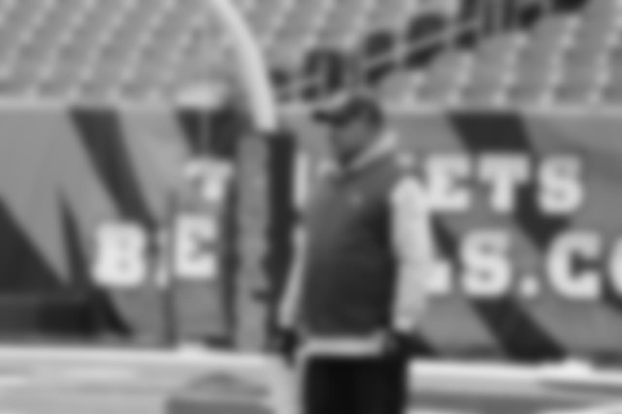 Marvin Lewis looks on during Bengals practice at Paul Brown Stadium.