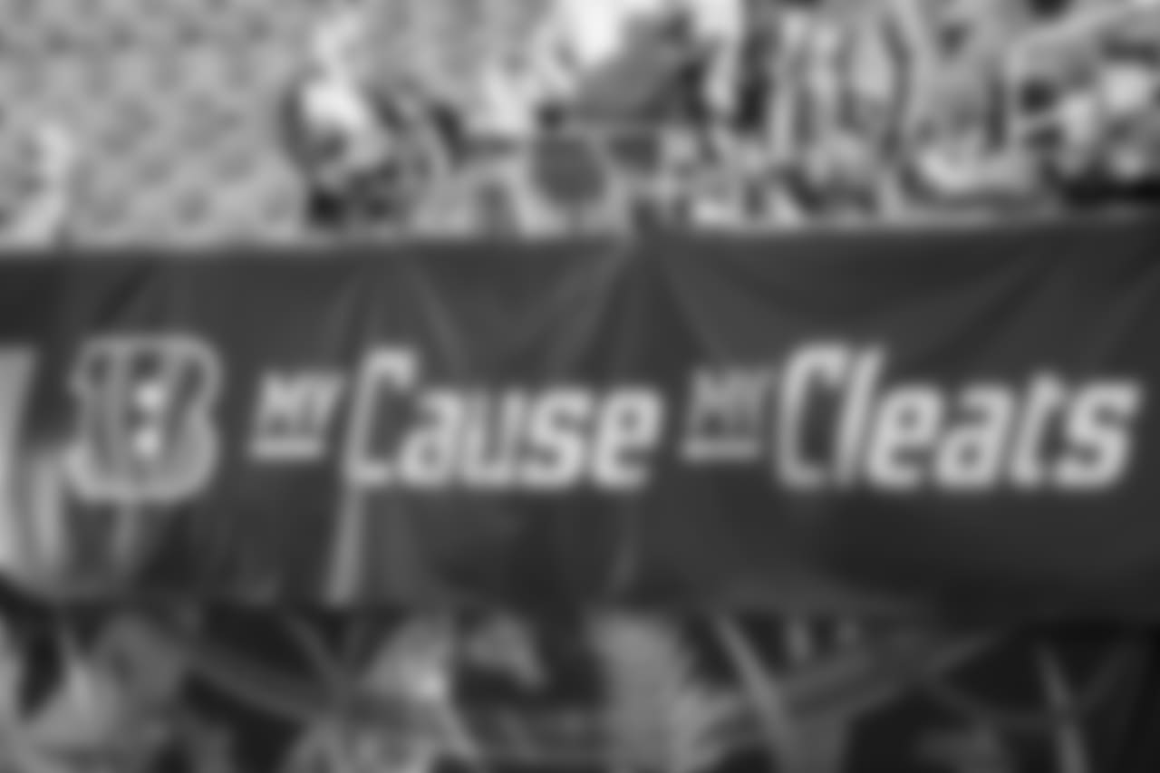 A My Cause My Cleats banner is displayed before an NFL football game between the Cincinnati Bengals and the Denver Broncos, Sunday, Dec. 2, 2018, in Cincinnati. (AP Photo/Frank Victores)