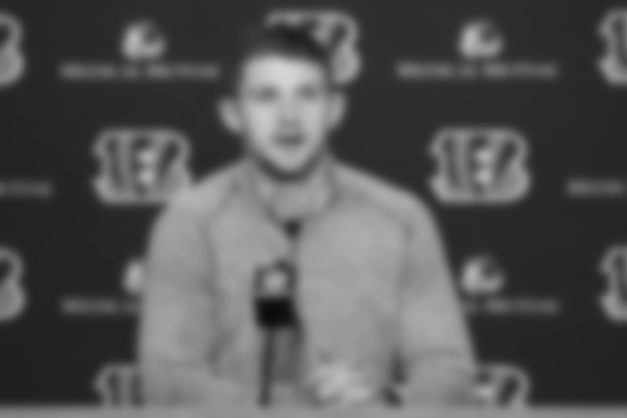 Cincinnati Bengals quarterback Jeff Driskel speaks to reporters during a news conference after an NFL football game against the Denver Broncos, Sunday, Dec. 2, 2018, in Cincinnati. (AP Photo/Gary Landers)