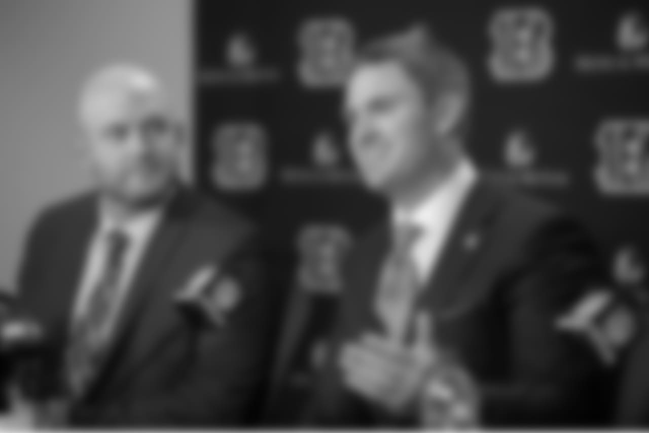 Zac Taylor answers a question during his first press conference as head coach.