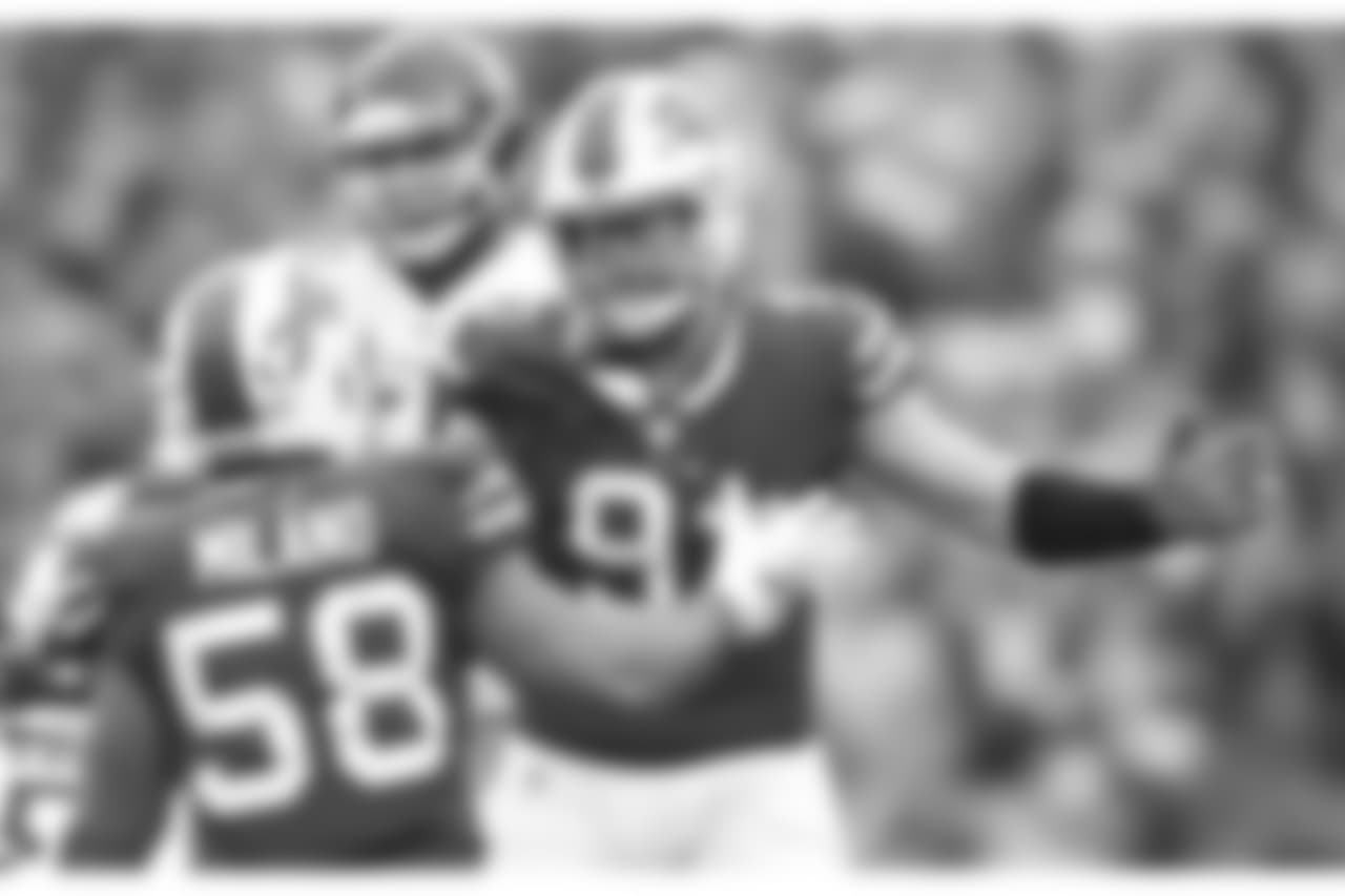 Buffalo Bills defensive end Trent Murphy (93) andBuffalo Bills linebacker Matt Milano (58) celebrate a sack during the Buffalo Bills vs Tennessee Titans at New Era Field on October 7, 2018.
Photo by Craig Melvin