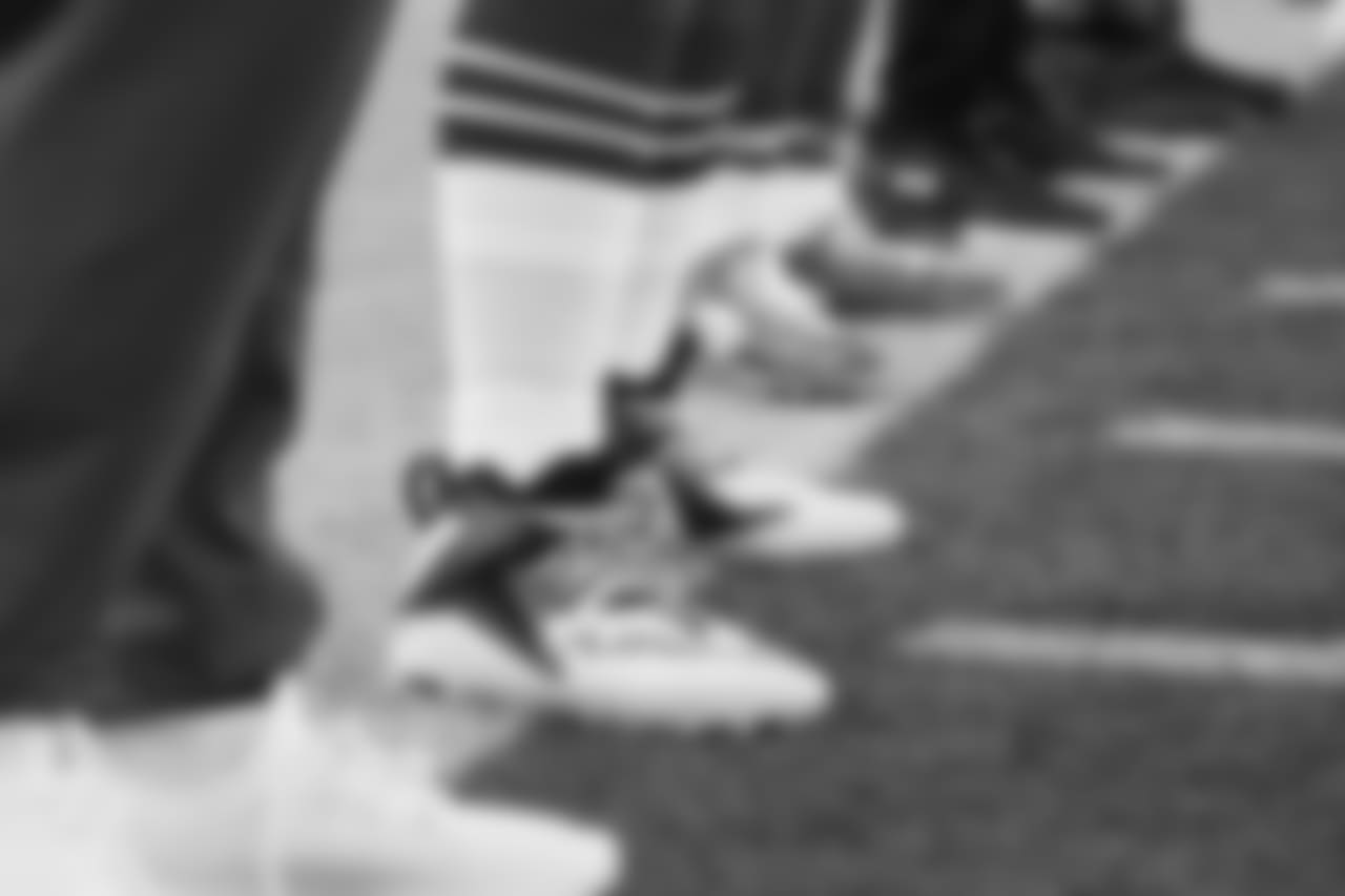 Cleats of Buffalo Bills defensive tackle Harrison Phillips (99) at the Buffalo Bills vs New York Jets game at New Era Field on December 9, 2018. Photo by Craig Melvin
