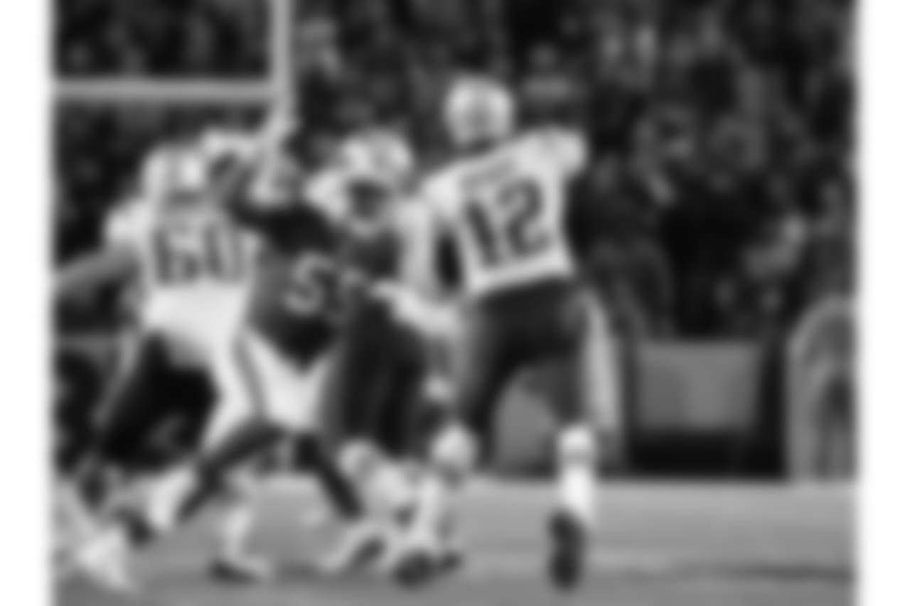 Buffalo Bills defensive end Jerry Hughes (55) pressures Tom Brady -
Buffalo Bills vs New England Patriots at New Era Field, October 29, 2018.
Photo by Bill Wippert
